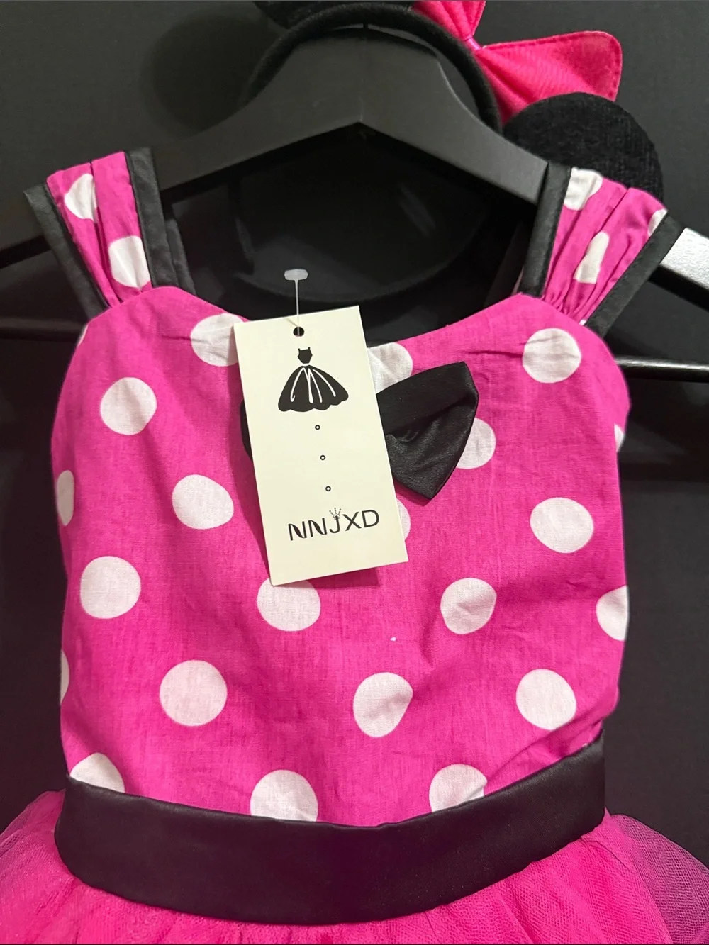 Girls Hot Pink Polka Dot Tulle Costume Dress with Black Bow